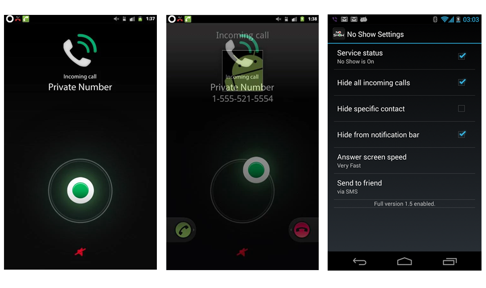 The application screens, also presenting how to see the caller's identity by moving the smart circle